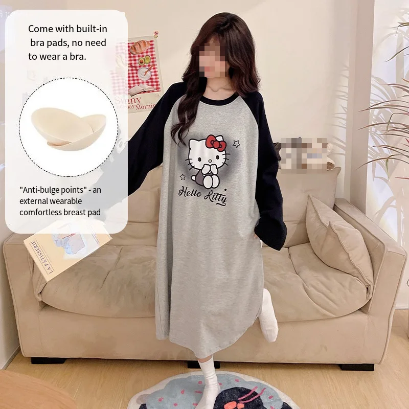 

Sanrio Hello Kitty Young Girl Nightdress Kawaii Cartoon Student Long Sleeves Pajamas with A Breast Pad Homewear Set New Style