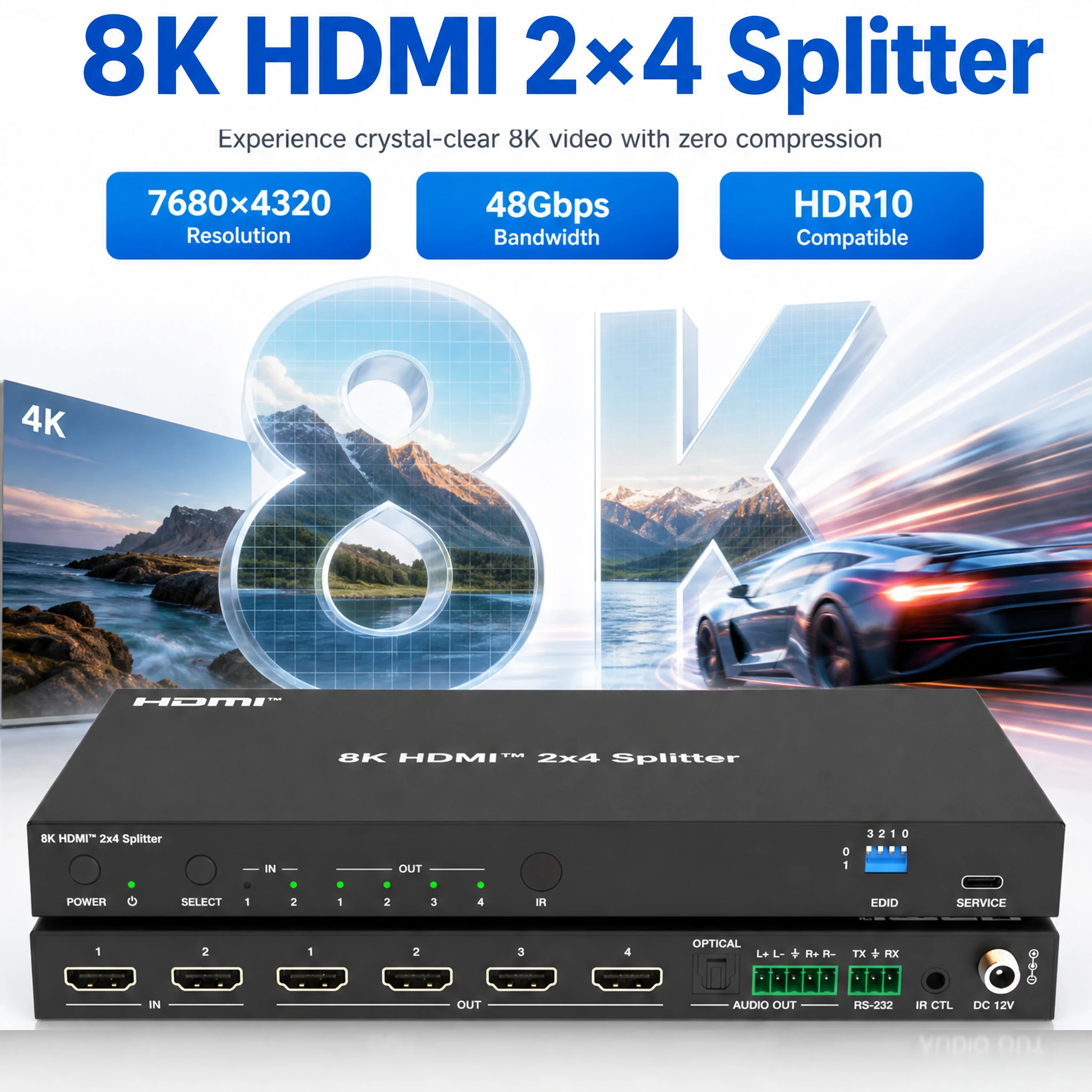 8K HDMI 2x4 Splitter Switch 2 In 4 Out HDMI2.1 48Gbps 8K@60Hz Audio Extractor Optical 3.5mm IR RS232 EDID For Conference