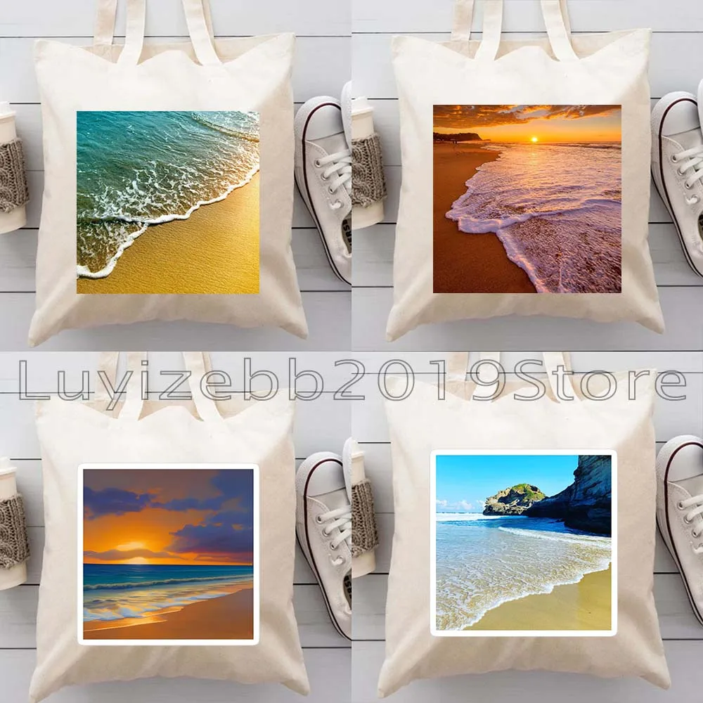 Ocean Waves Summer Sunshine Beach Sunset Sunrise Landscape Palm Trees Watercolor Painting Canvas Tote Bag Cotton Shopper Handbag