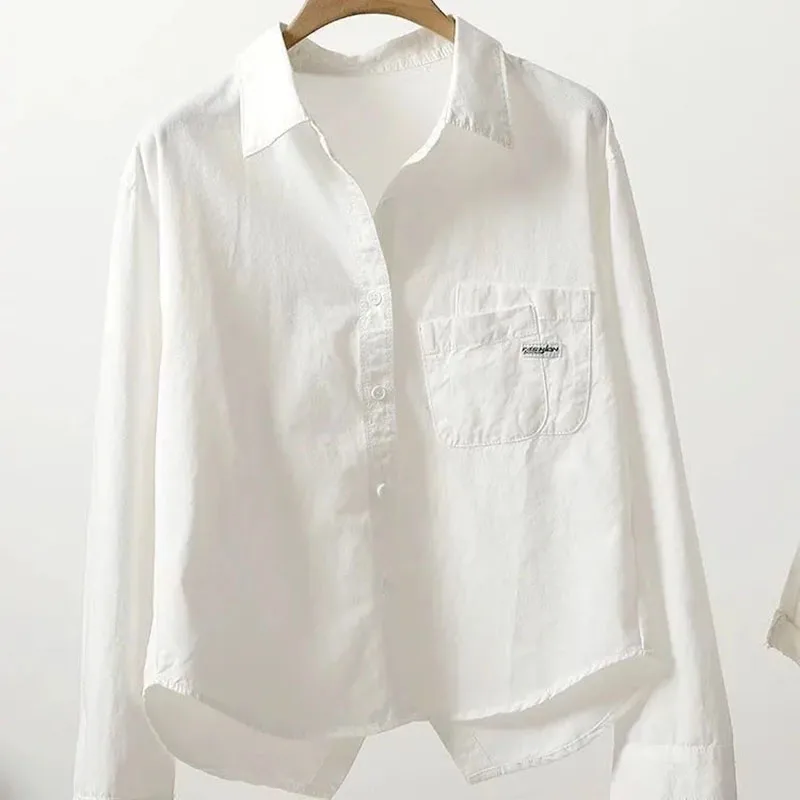 Katoenen Shirt Dames 2025, Lente Zomer Nieuwe Jas Gevouwen Zak Terug Split Korte Jas Koreaanse Vrije tijd Buiten Vrouwelijke Blouse Tij