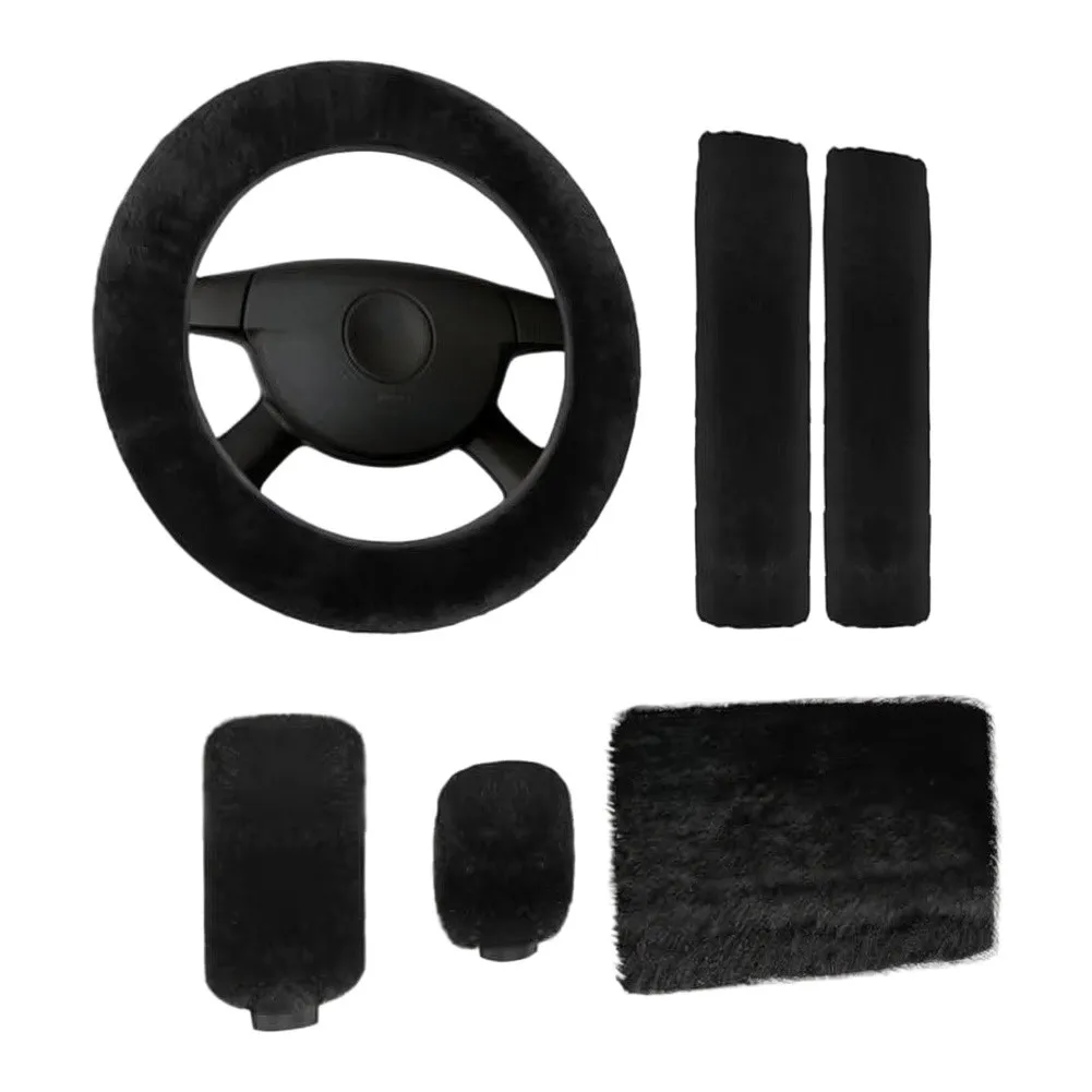 6pcs Car Steering Wheel Cover Plush Interior Kit Soft Car Steering Wheel Cover Winter Warm Auto Center Armrest Cove Set
