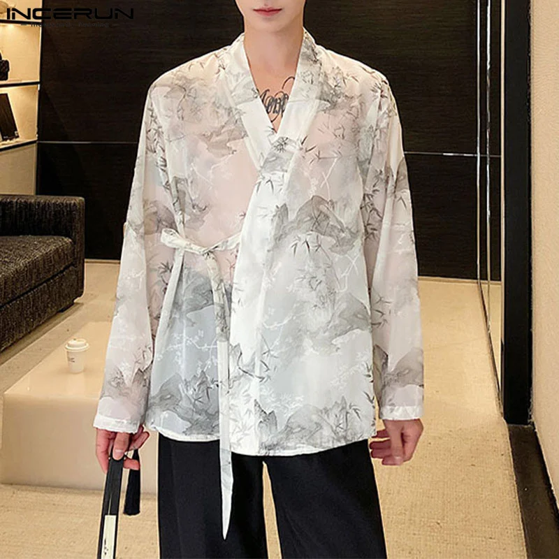 

INCERUN Tops 2024 Korean Style Men's Organza Bamboo Printing Tie Design Shirts Casual Simple Long Sleeved Cardigan Blouse S-5XL