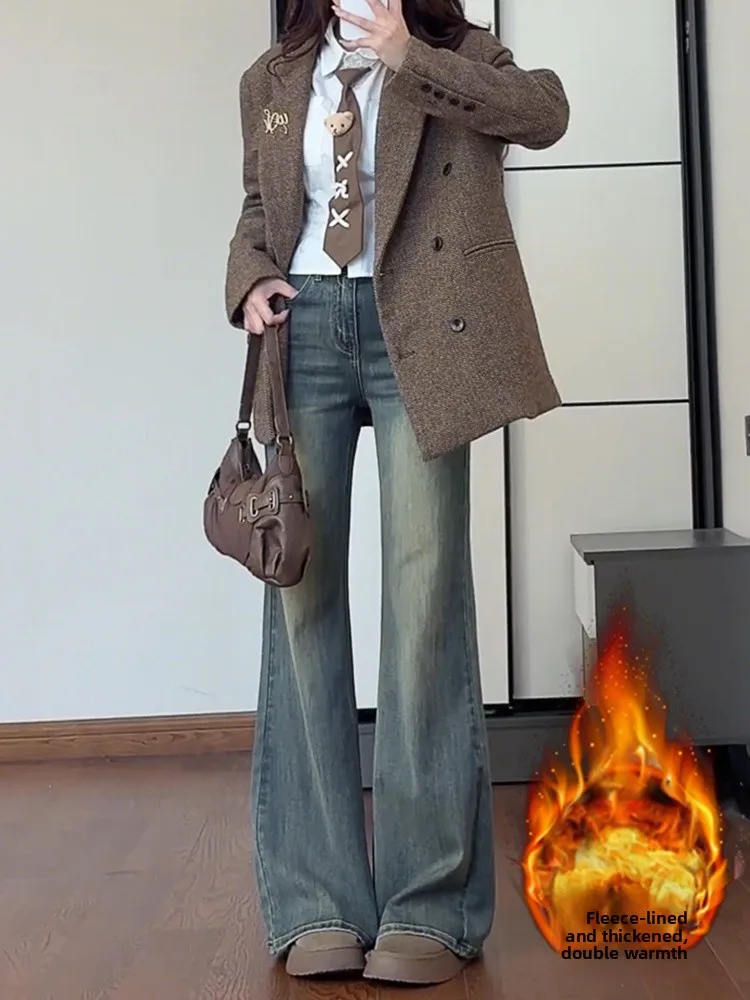 Fce Lined Thiened Micro Flared Jeans Women's Autumn Winter New Large Size Fat MM High Waist Non-Matching Leg Elastic Fla...