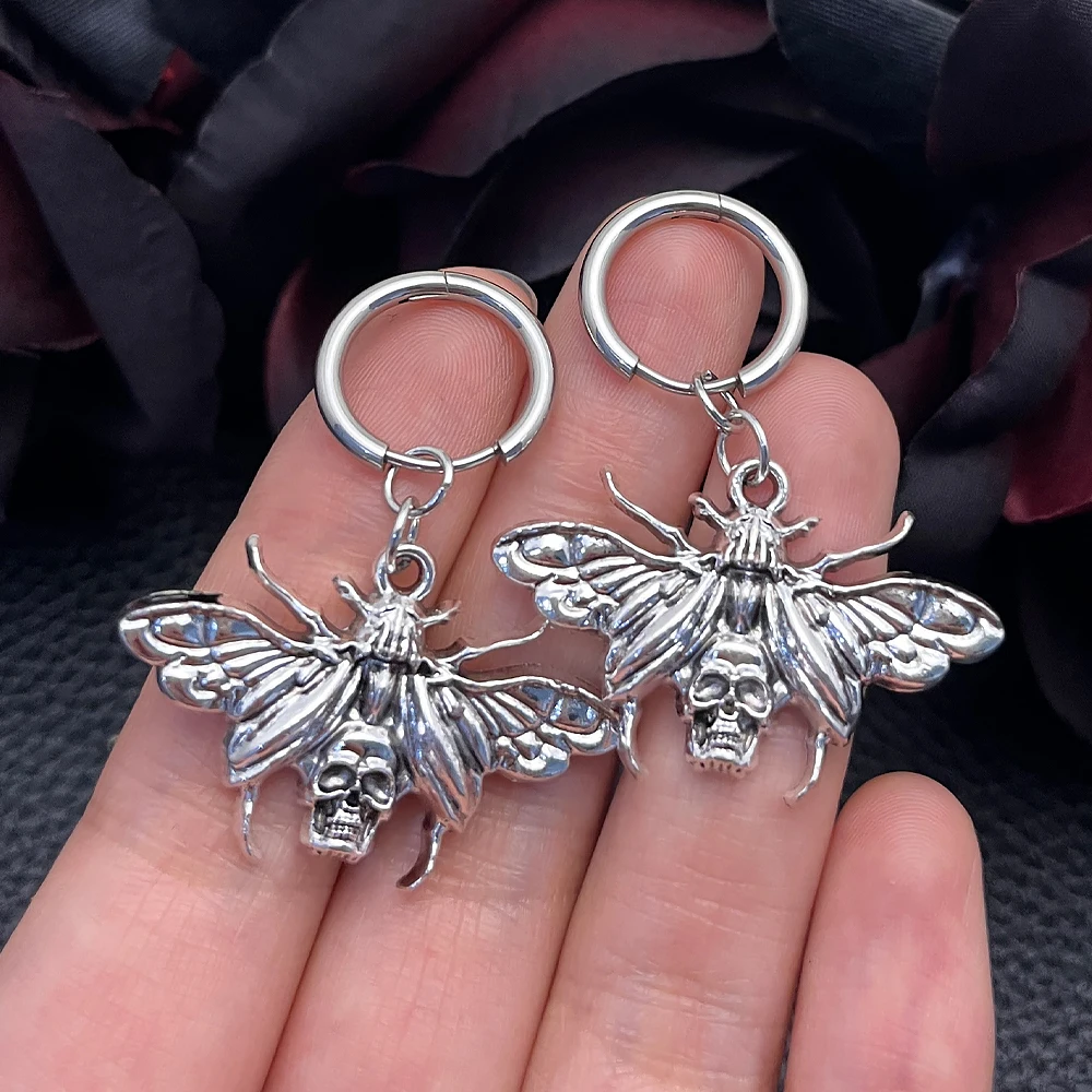 Gothic Punk Death Moth Dangle Hoop Earrings Silvery Skull Moth Filigree Moth Huggie Earrings Halloween Dark Witchy Jewelry