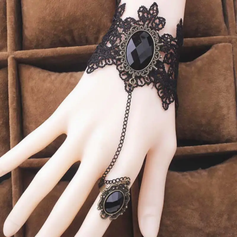 Hot Gothic Lace Bracelet Adjustable Red Rose Finger Ring Elegant Women Jewelry for Formal Evening Halloween Party