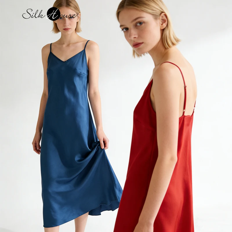 

2026 Women's Spring and Summer New V-neck Slanted Cut Slim Fit 100% Natural Mulberry Silk Plain Satin Fashionable Casual Dress