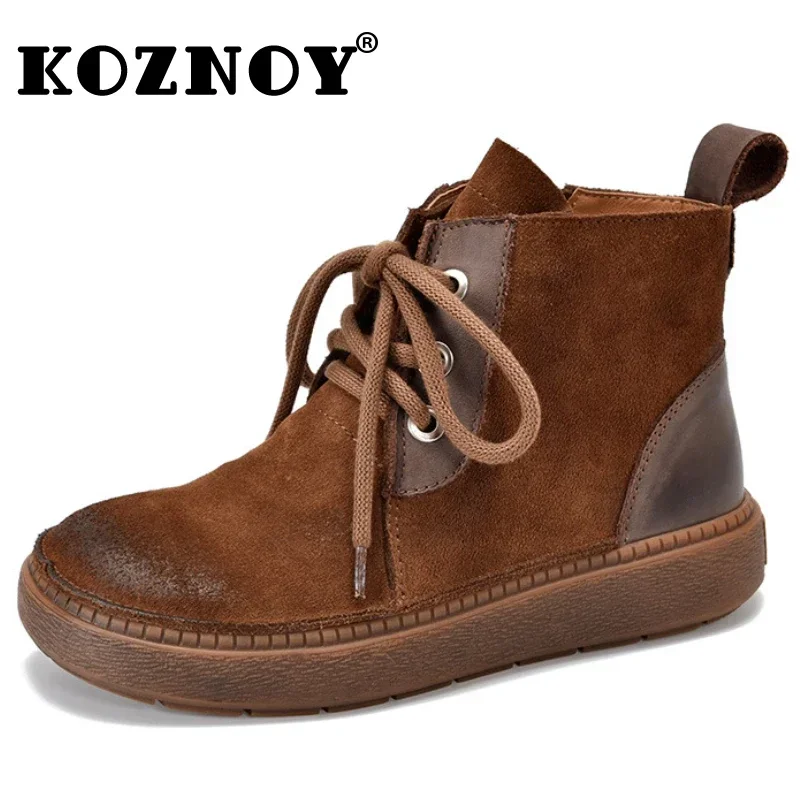 Koznoy 3cm New Cow Suede Natural Genuine Leather Ankle Boots Loafer Women Comfy Spring Booties Autumn Platform Wedge Flats Shoes