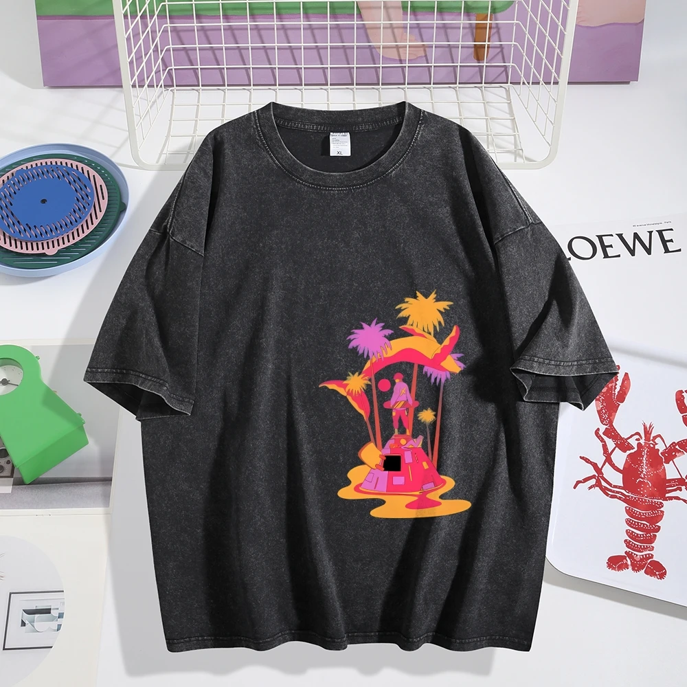 T-shirt manches courtes en coton délavé pour passionnés de mode, imprimé de personnage de dessin animé, décontracté, ample, tendance, confortable