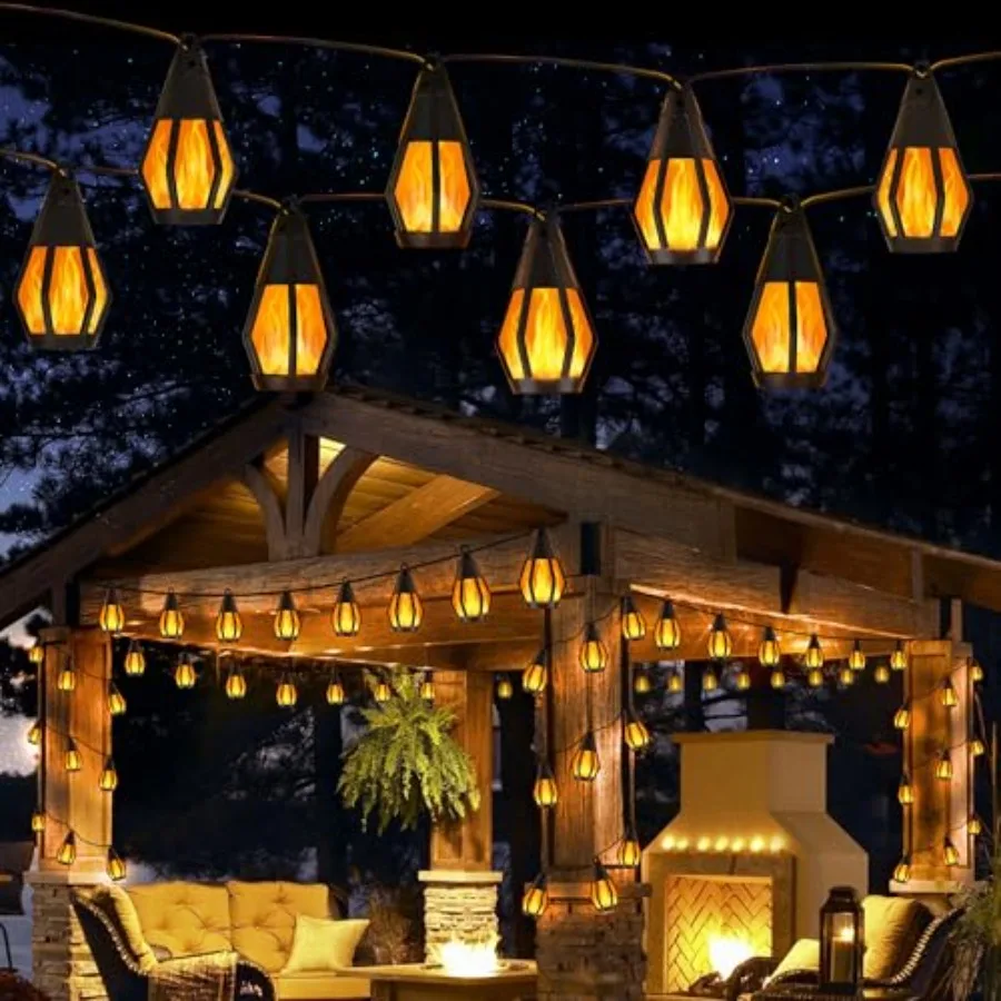 Solar String Lights for Outside, 33Feet Solar Patio Light with 15 Flickering Flame Light Bulbs, Waterproof Solar Powe Outdoor L