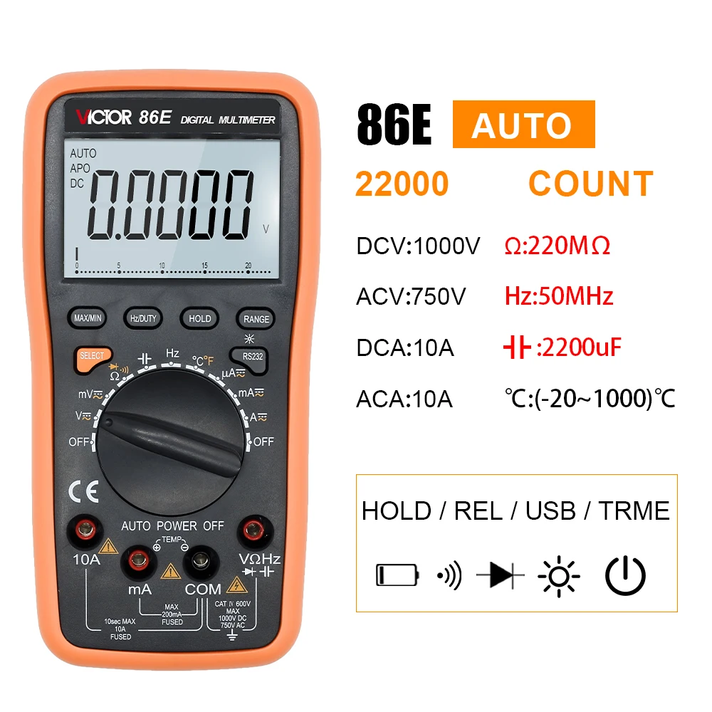 Victor 86 Digital Multimeter 22000 Counts Auto Range AC/DC Temperature Frequency Capacitor USB Tester Connect Transfer Polymeter