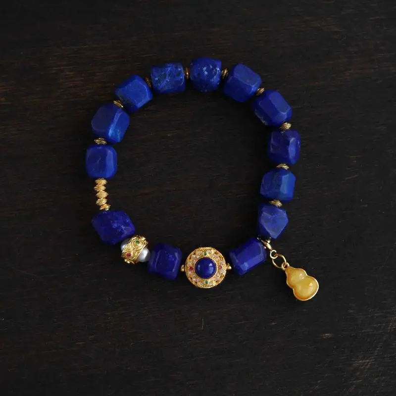

S925 Silver Lapis Lazuli Bracelet, Flying Saucer Beads with Zircon & Amber Gourd Accents, Handmade Gemstone Jewelry