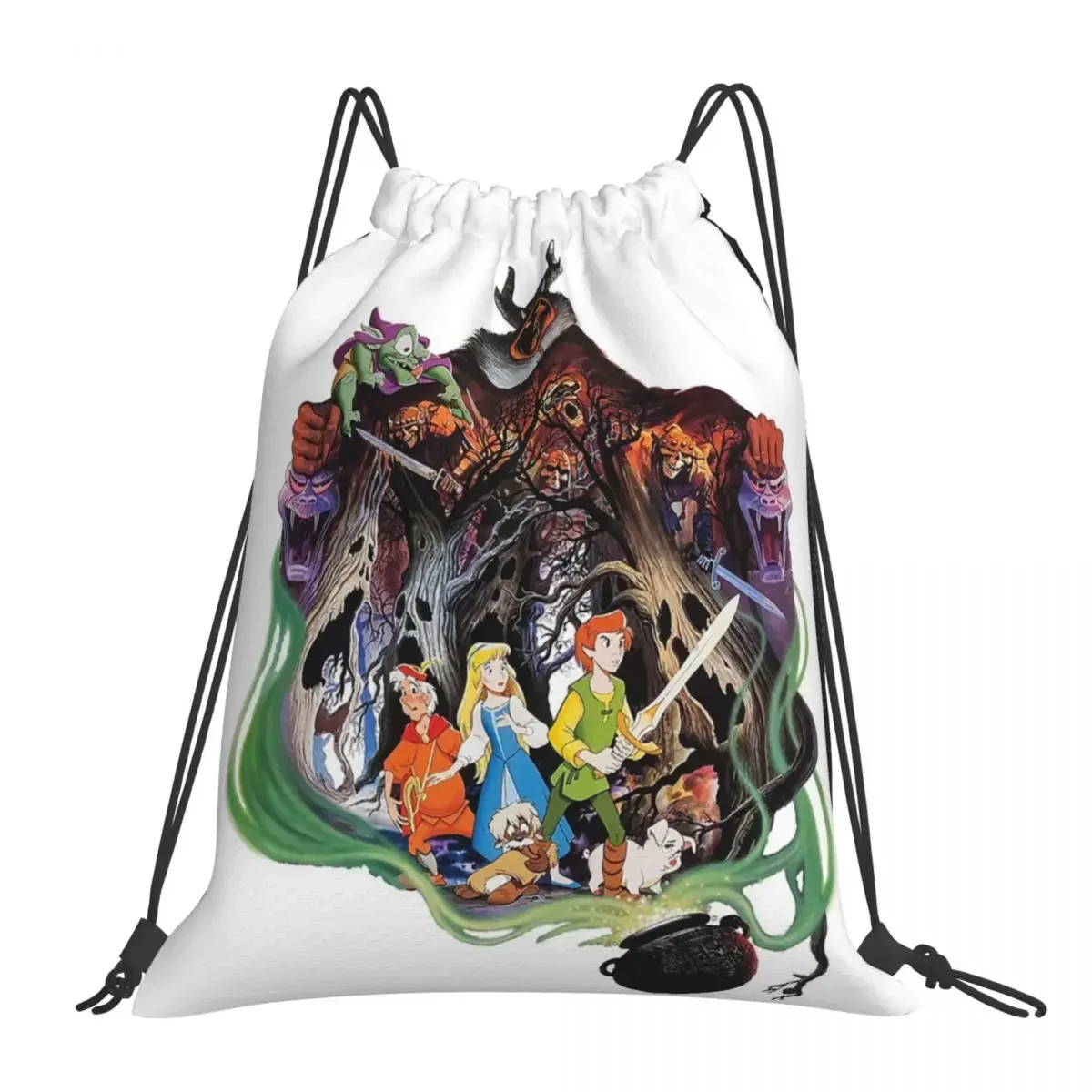 Black Cauldron Movie Poster Backpacks Casual Portable Drawstring Bag Drawstring Bundle Pocket Sports Bag BookBag Travel Students