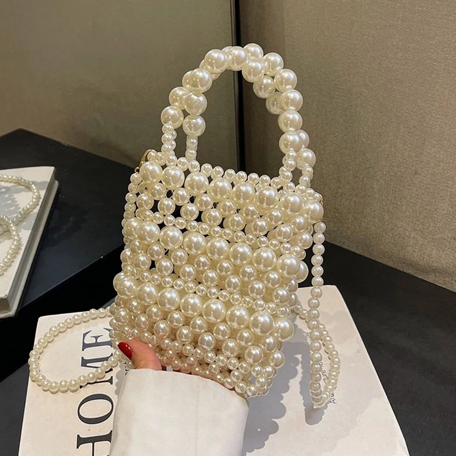 Beaded Woven Handle Evening Clutch Bag Hollow Party Wedding Purse Pearl Handbag Summer Pearl Chain Phone Lipstick Crossbody Bag