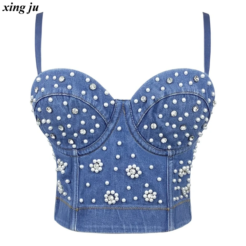 

Xing Ju Girls White Pearl Fishbone Denim Vest Women Jazz Dance Costume Nightclub DJ Sexy Blue Tight Crop Tops Singer Stage Wear