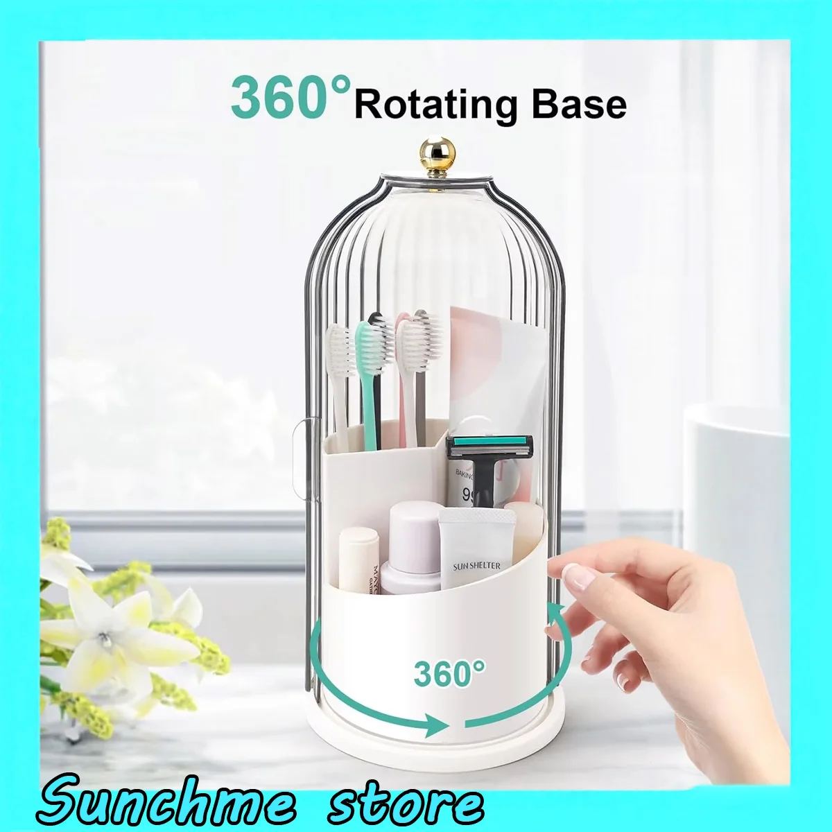 Rotating Toothbrush Holders with Sliding Lid 360° Spinning 3-Slot Countertop Organizer for Tooth Brush Toothpaste Bathroom Sink