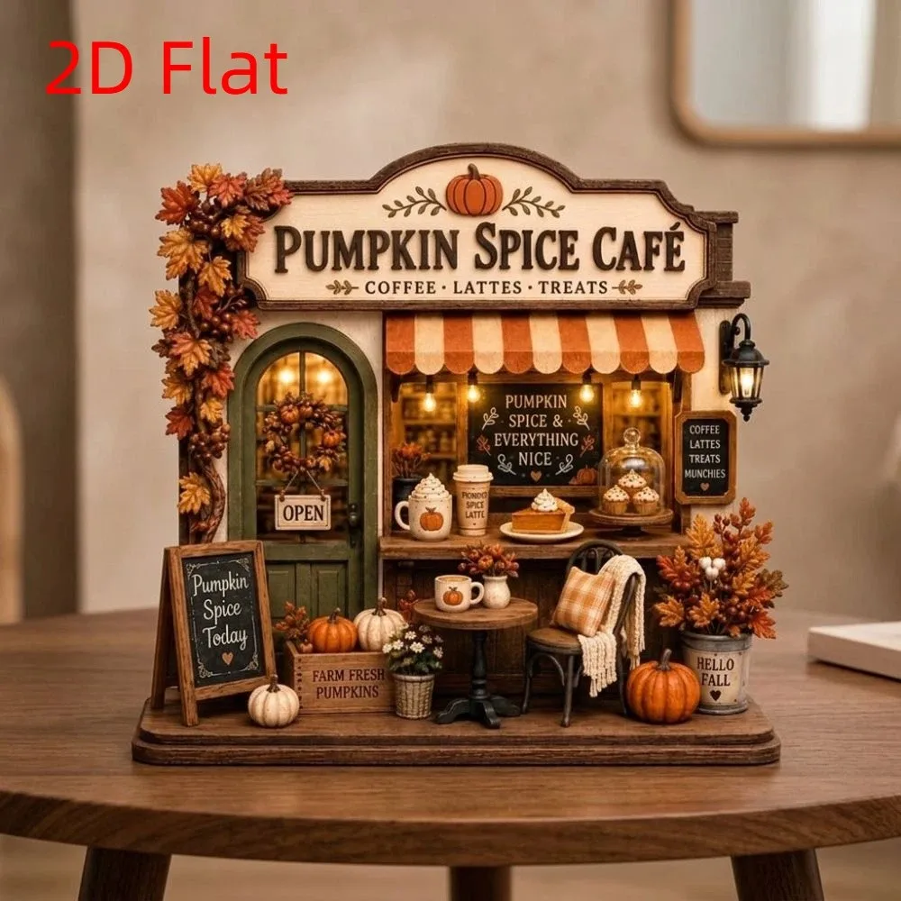 2D Flat Halloween Wooden Shop Ornament Vintage Maple Leaf Autumn Pumpkin Cafe Plaque Hand-Painted Light-Up House