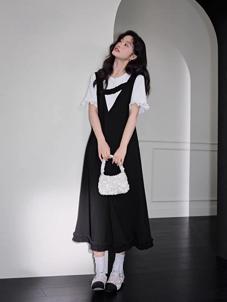 Été faux deux pièces Dr ort Sve t-shirt jupe gilet femmes ensemble complet nouveau Sle banlieue vent l taille Dr