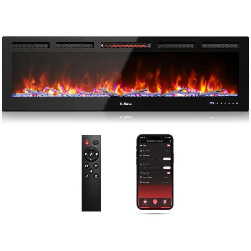 TURBRO 60” Smart WiFi Infrared Electric Fireplace with Sound Crackling and Realistic Flame, 1500W Quartz Heater