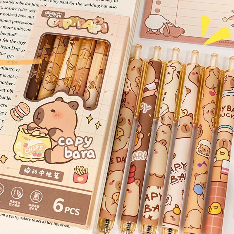 Capybara-Stylos gel bleus effaçables à séchage rapide, ensemble de stylos mignons, fournitures scolaires de bureau, papeterie esthétique Kawaii, 6 pièces