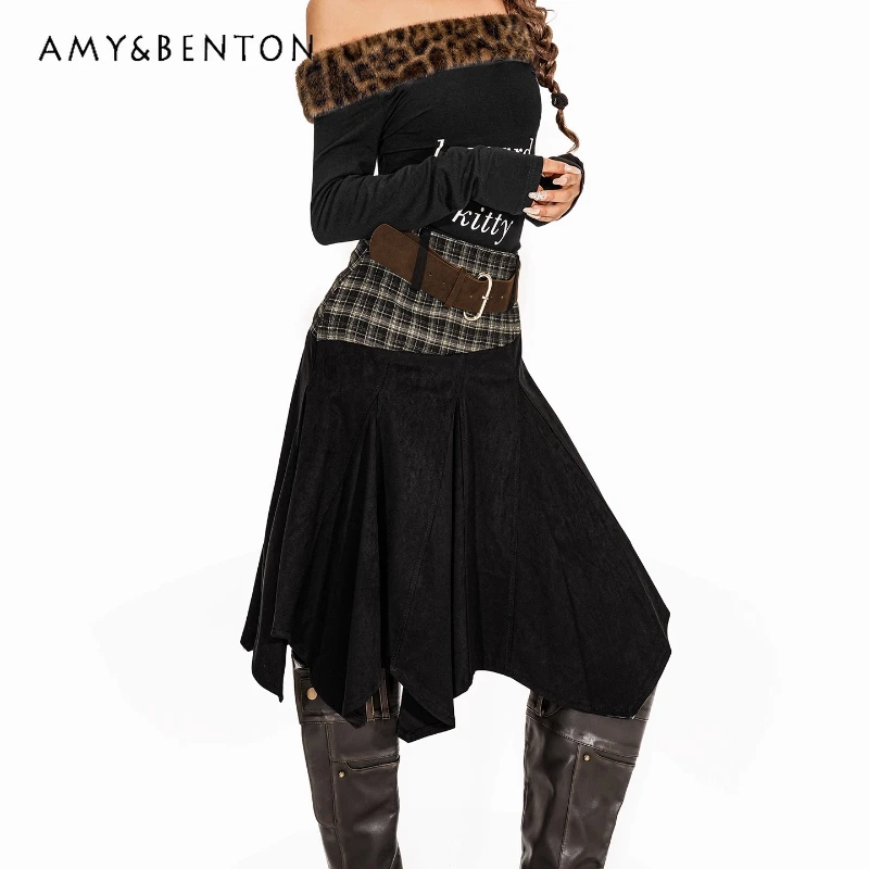 

Autumn New Flannel Splicing Plaid Women's Half Skirt Vintage Design Sweet Cool Hot Girl Irregular A-line Short Skirts Ladies