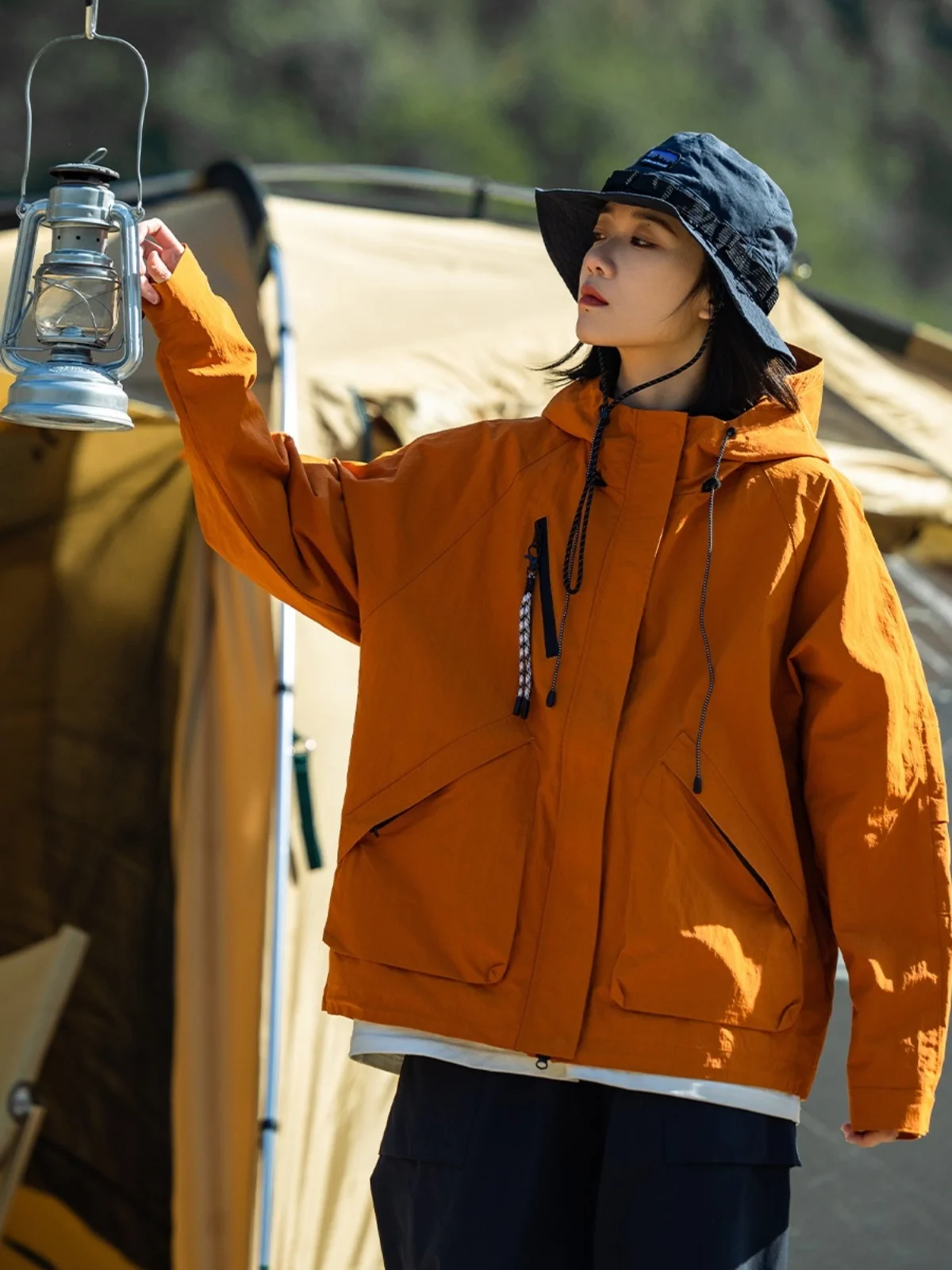 

ex Outdoor Windproof Waterproof Hiking Jaet Loose Fit Spring Autumn Multiple kets Youth Faion Polyester Fiber