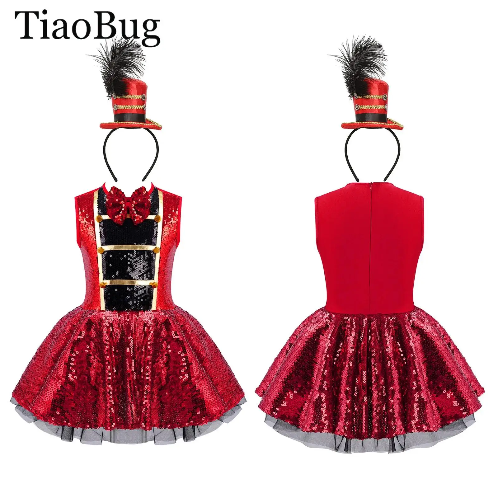 Strój inspektorki cyrkowej dla dziewczynki, błyszczący cekinowy trykot, sukienka baletowa tutu + mini kapelusz z piórami, przebranie na Halloween, karnawał, imprezę.