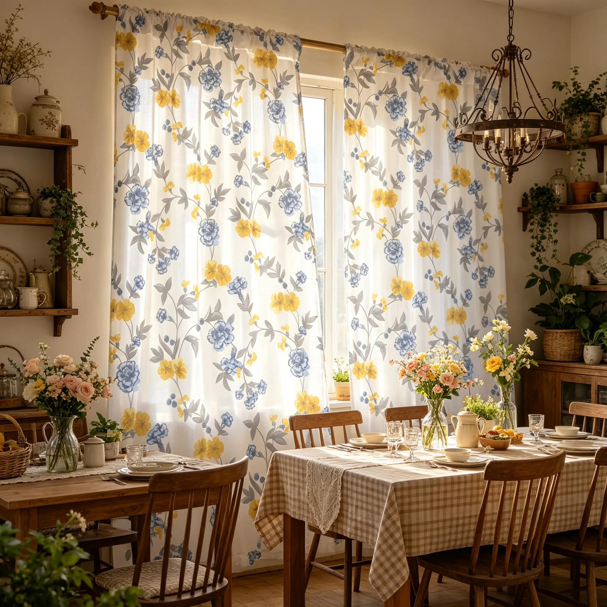 Two-Piece 2D Elegant Blue And Yellow Floral Vine White Bottom Outdoor Curtains Designed for Courtyard UV Protection And Color Fa