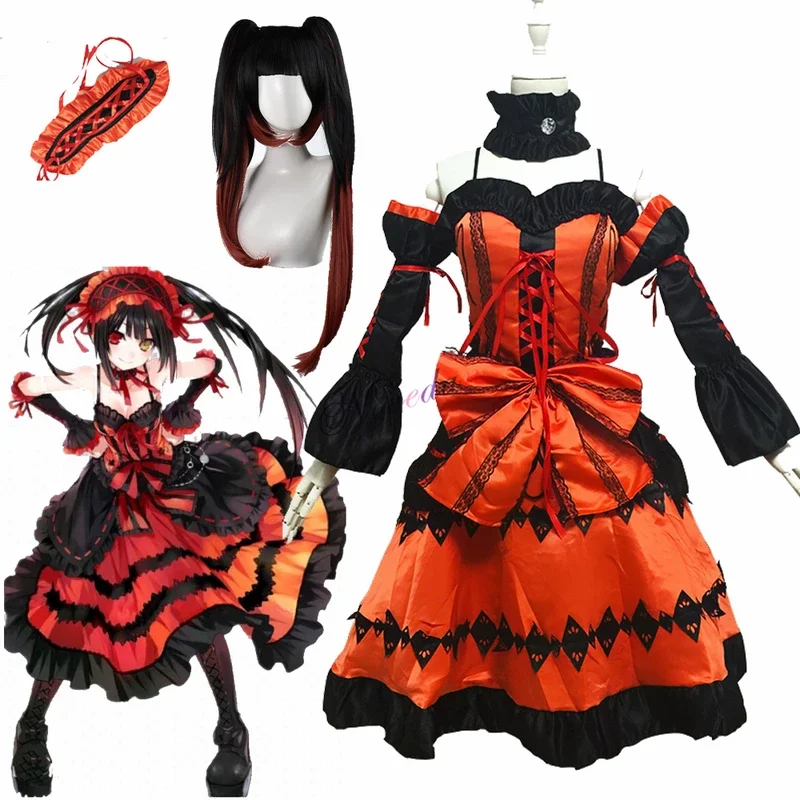 Disfraz de Cosplay de Anime con peluca para mujer, vestido de princesa Lolita gótica de fantasía, traje de fiesta de Halloween de pesadilla, cita en vivo Tokisaki Kurumi