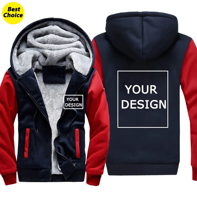 

Customized Print Fleece Lined Jacket for Men Zip Up Hooded Coat with Pockets Winter Warm Thicken Plush Outwear Hoodies Outfits