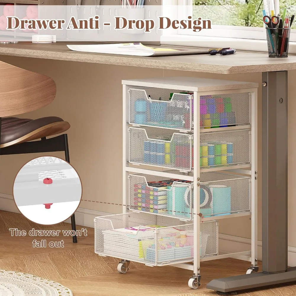 White Rolling Storage Cart with 4 Drawers, Wooden Top & Wheels for Craft, Office, Kitchen Organization