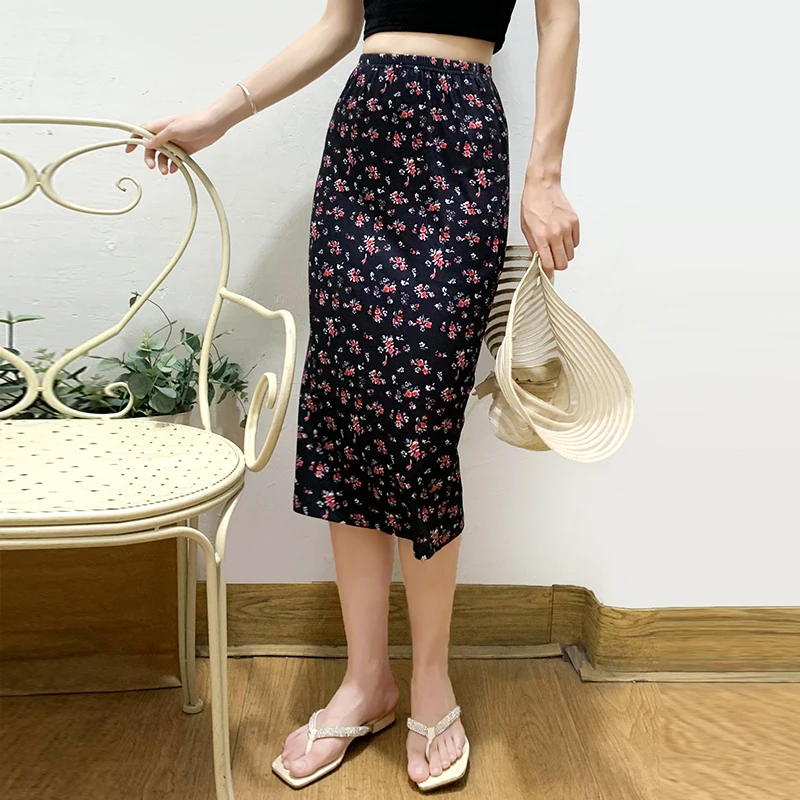 สบาย Ele ดอกไม้ Midi กระโปรงผู้หญิงฤดูร้อนเอวสูงกระโปรงเข้ารูปนุ่มชิ้นเดียวโรแมนติกแยก f-ความยาว