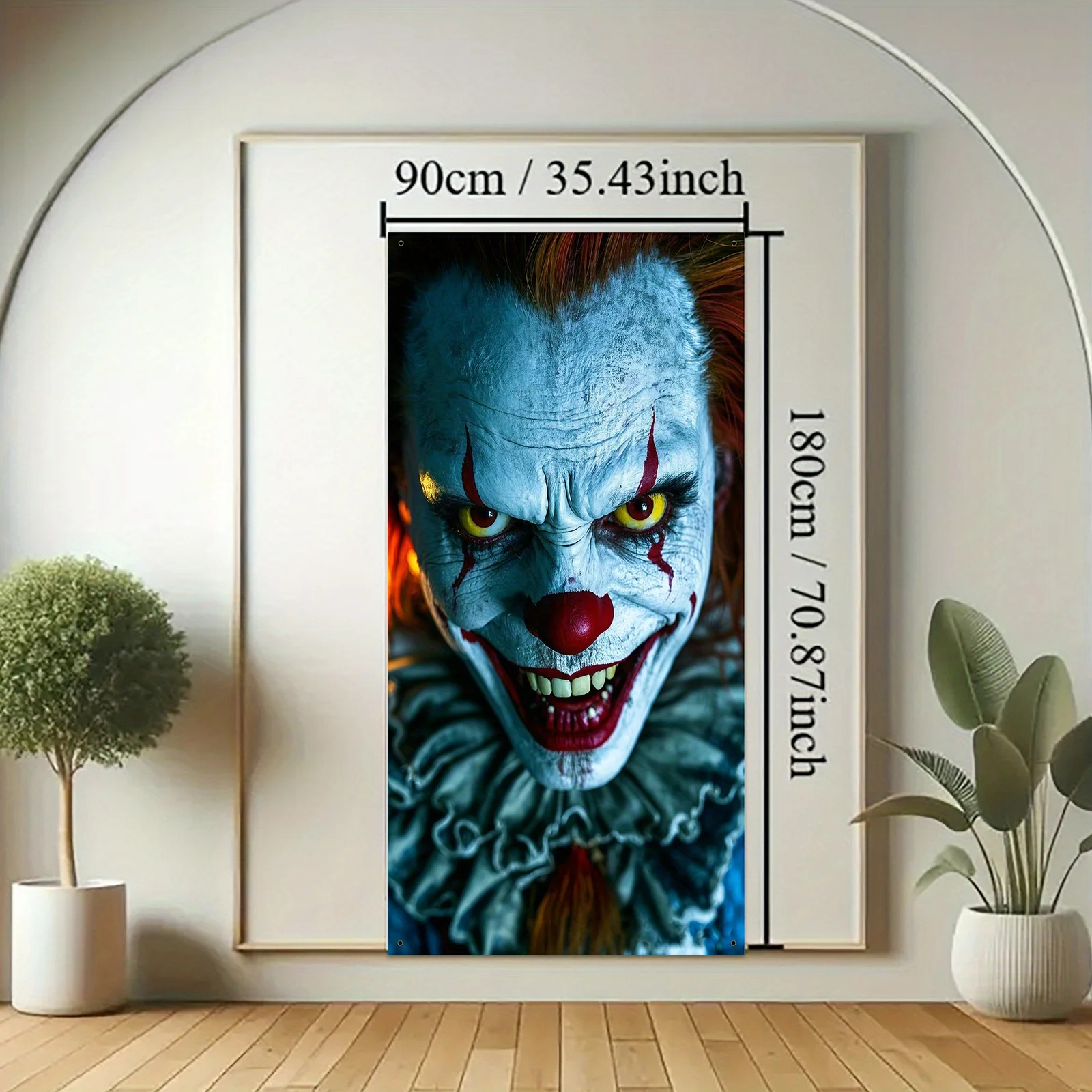 2D flat banner 1PC Halloween theme, scary clown design, blood-red eyes and red lips, terrifying Halloween party decoration view 3