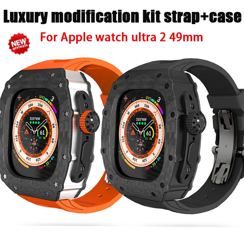Carbon fiber titanium metal case luxury modification kit rubber strap compatible for Apple Watch Ultra 2 49mm IWatch series 49mm