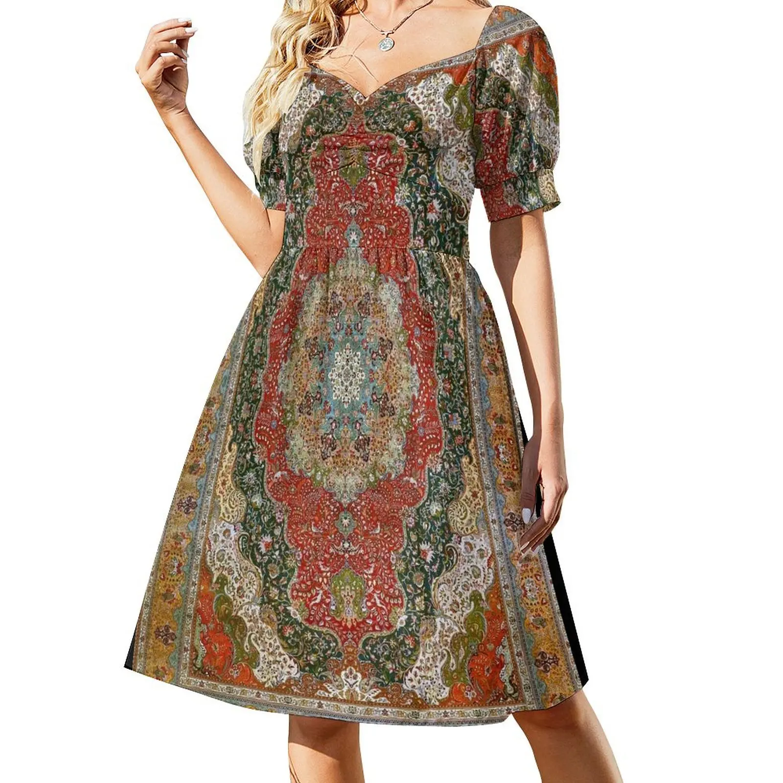 Antique Floral Persian Carpet Print Short Sleeved Dress Woman clothes Long dress woman Woman fashion Dress