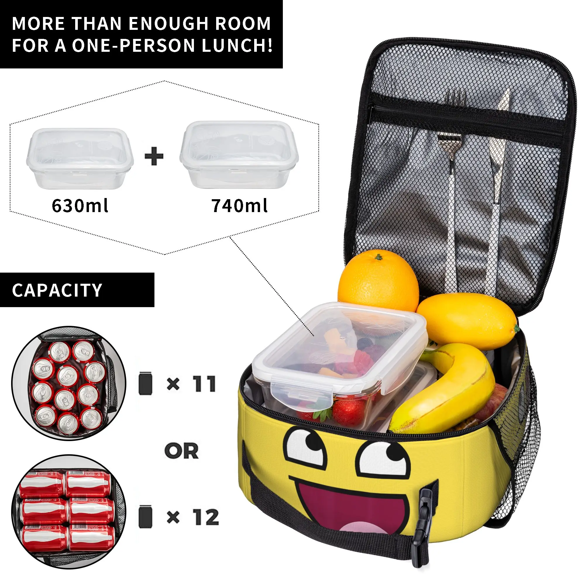 Epic Face Meme Y2K Emo Tote Insulated Lunch Bag Funny Handheld Food Bags Leakproof Thermal Cooler For Work Washable Bento Box