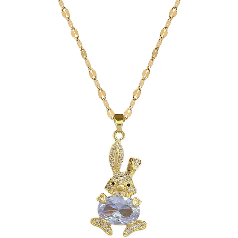 DIEYURO 316L Stainless Steel Rabbit Bunny Pendant Necklace For Women Girl New Luxury Zircon Clavicle Chain Jewelry Gift Party