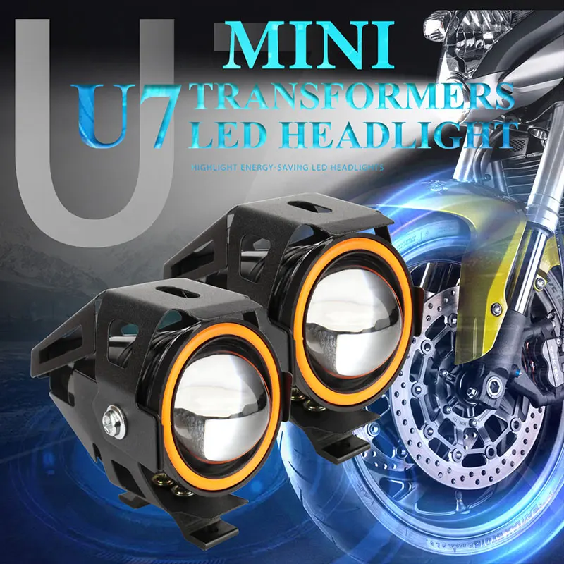 LED Angel Eye Motorcycle Headlight Auxiliar Driving Lamp MINI U7 Fog Lights Motorbike Front Spotlight ATV Scooter Accessories