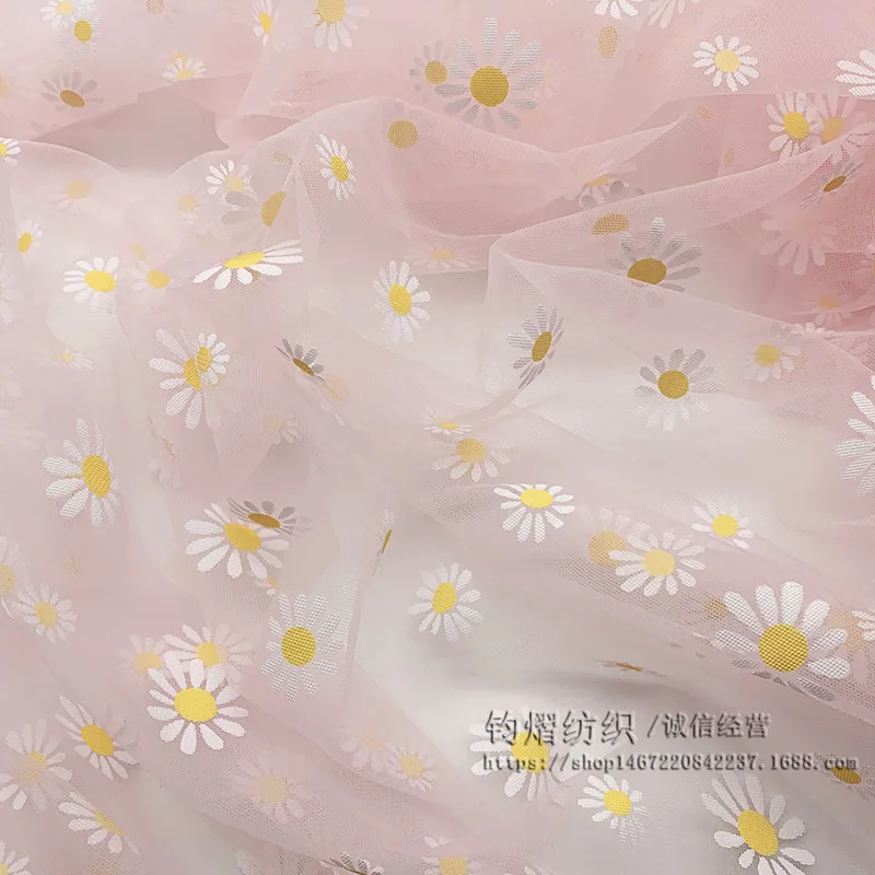 100x160cm Pink Daisy Flowers Printed Dobby Sheer Polyester Mesh Net Tulle Fabric Wedding Dress Skirts Decor Bags Sewing Material