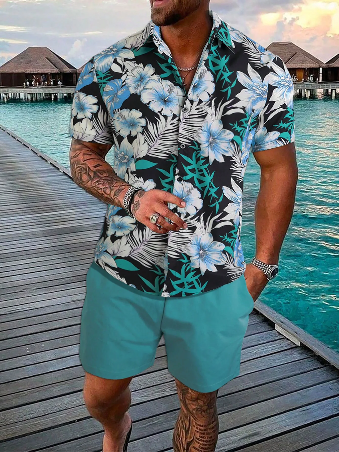 Hawaiian Palm Tree Button Shirts +Shorts Tracksuits Summer Beach Sets 3D Two Piece Sets Hawaii Shirts Sets Boy Beach Suit