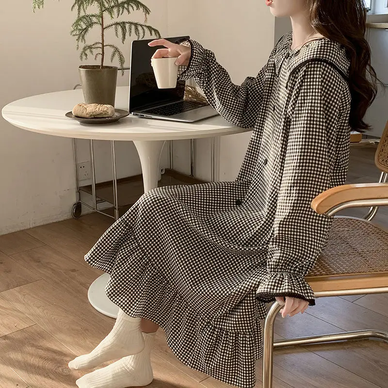 

Plaid Women Nightgown Autumn Sleepwear Long Sleeve Night Dress Korean One Piece Pajamas Ruffles Nightwear Loose Sleeping Wear