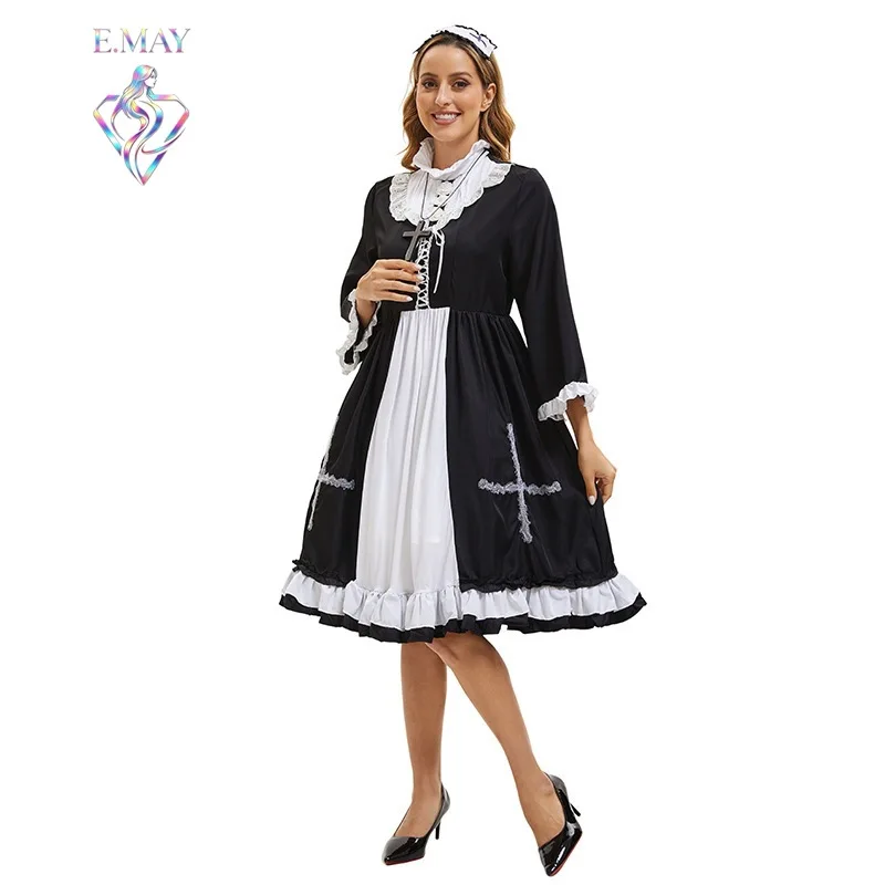 

Cross Dressing Nun Costume Black White Maid Outfit Halloween Cosplay Performance Clothing Stage Ethnic Women's Fashion