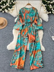 Spring Autumn Women Printed Wide Leg Romper Vintage V-Neck Puff Long Sleeve Elegant Jumpsuits Vacation Beach Clothes New Fashion