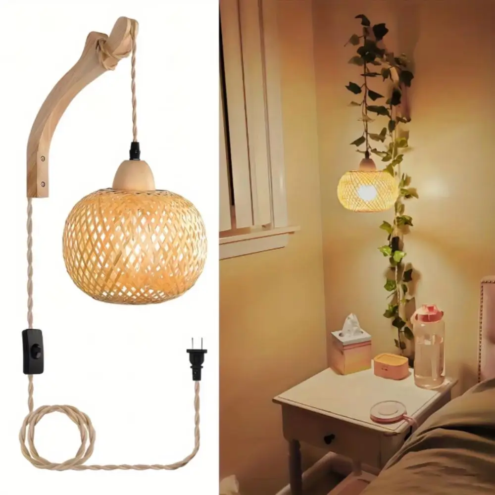 Natural Rattan Bamboo Lantern Wall Lamp Hand-Woven Retro Style Hand-Woven Wall Light Fixtures Creative Design