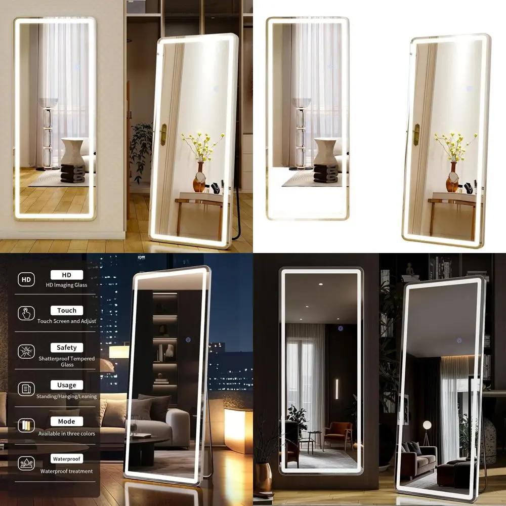 60 x 16 LED Illuminated Floor Mirror with Adjustable Brightness and 3 Color Options for Wall Mount or Leaning Use in Living Room