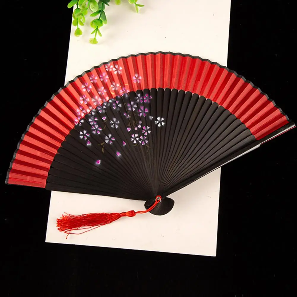 Oriental Folding Fan Bamboo Folding Fan with Tassels Chinese Style Handheld Summer Fan Portable Dance Performance Prop Party