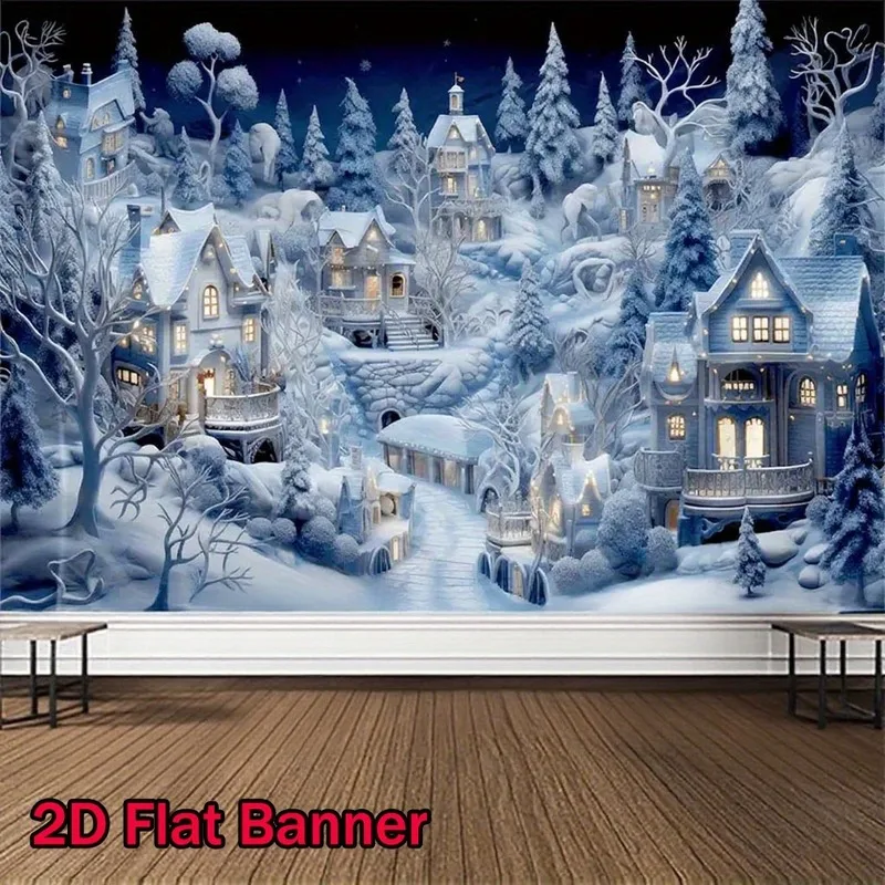 VIKAMA Frozen Christmas Village Tapestry, Blue Winter Wonderland Snowy Houses, Xmas Wall Hanging for Bedroom Decor