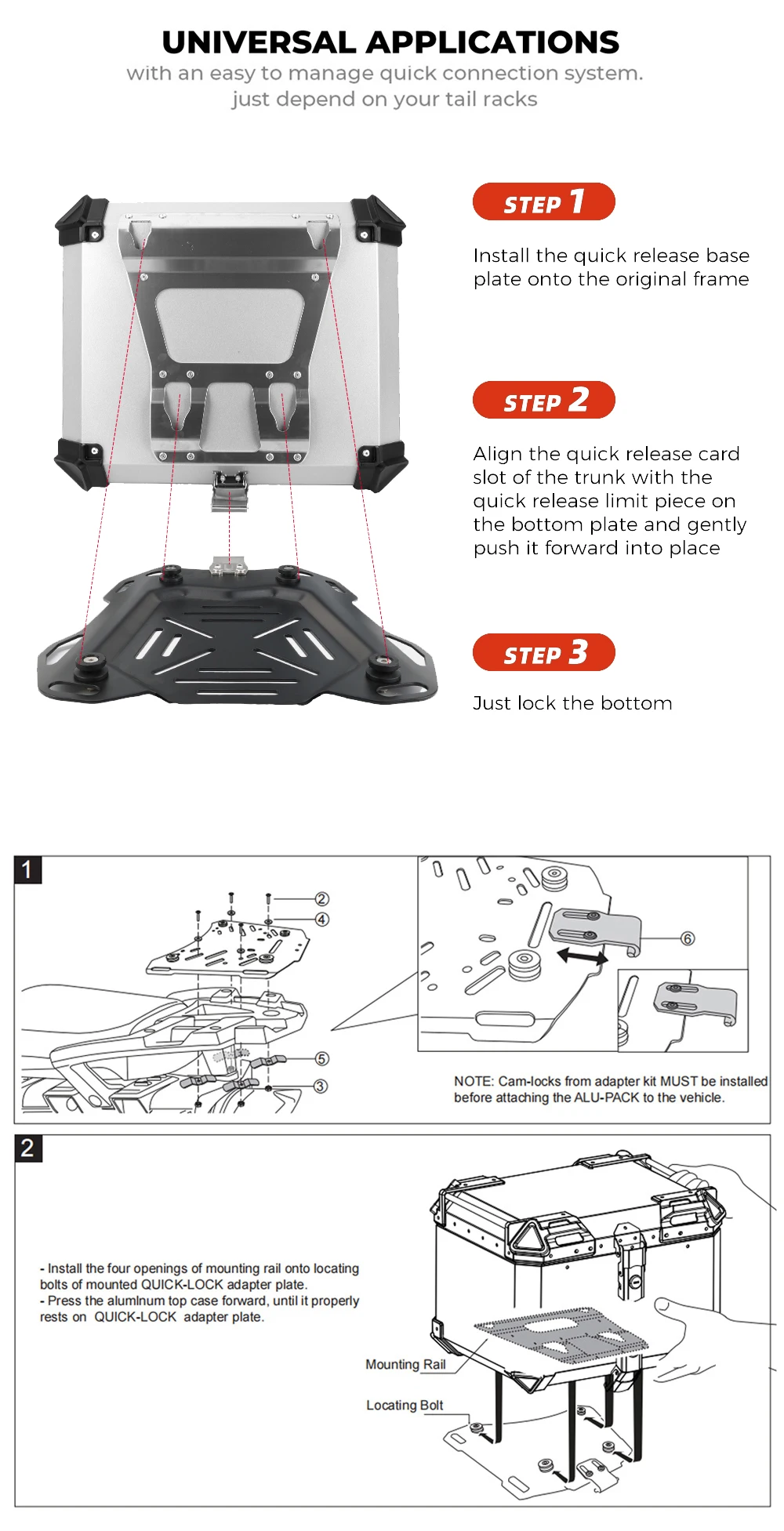 KEMIMOTO Motorrad-Topcase Universeller Aluminium-Koffer Motorrad-Heckbox 45L 55L 65L Wasserdicht mit Schloss & Rückenkissen – Detail 7