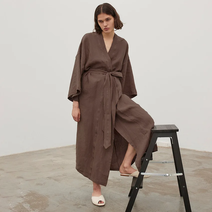 Cotton Brown Long-Sleeved Women\'s Night-Robe Simple Solid Cardigan Hotel Bathrobe Belt Nightgown Sexy Home Pajamas 2023 Autumn