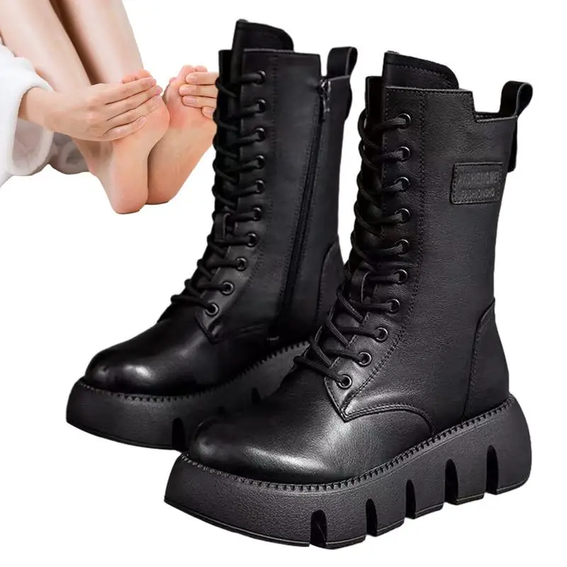 

Mid Calf Boots For Women Lace-up Combat Boots With Side Zips Fashion Boots With Thickened Warm Plush Winter Gift For Family