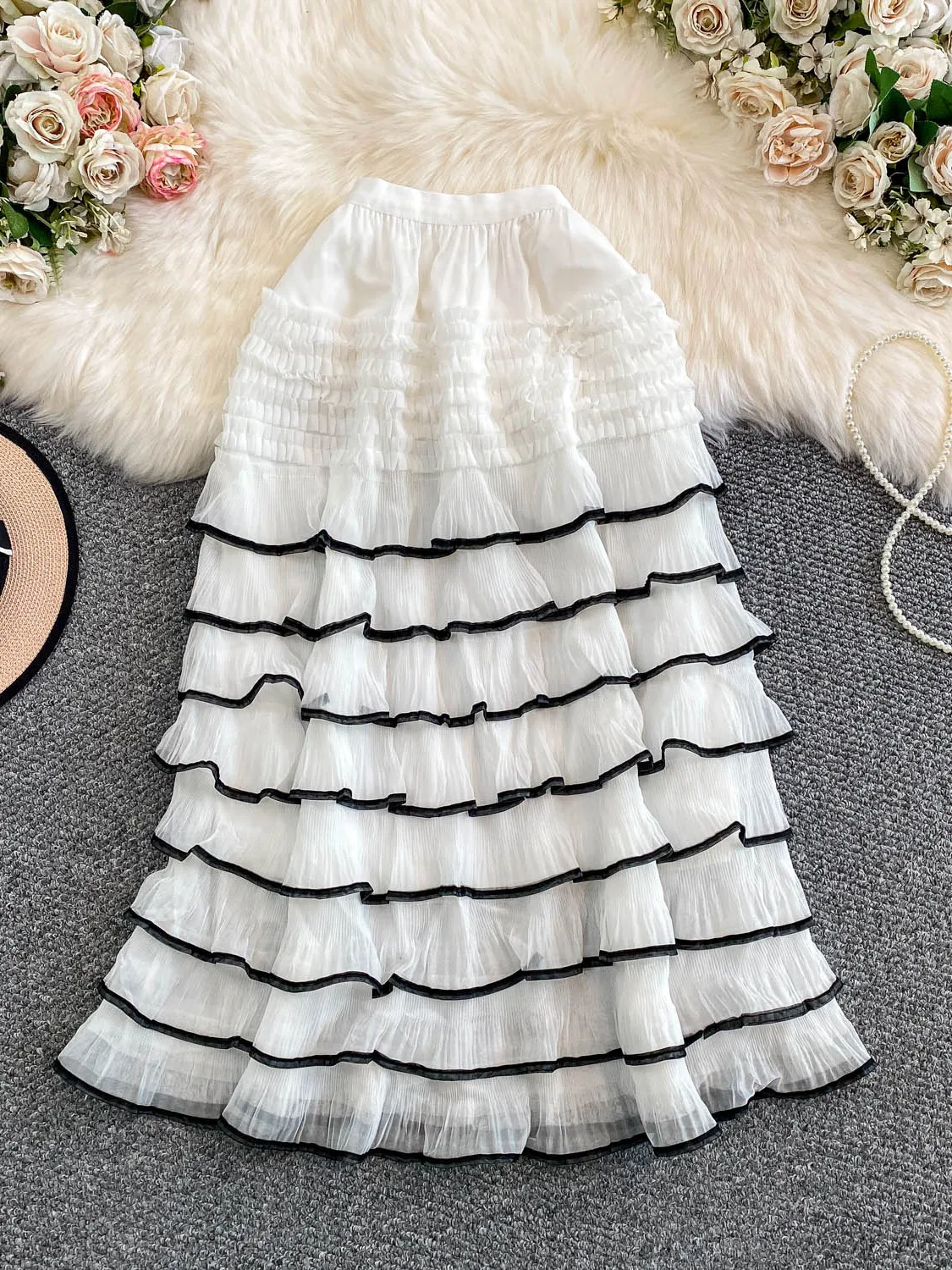 تنورة كعكة عادية المرأة عالية الخصر رقيق ميدي تنورة مخطط تصميم Ci تخفيف فضفاضة تناسب الخريف الشتاء الحلو الجنية تنورة #2